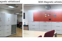 Magnetic whiteboard on cupboard at Ministry Of Education